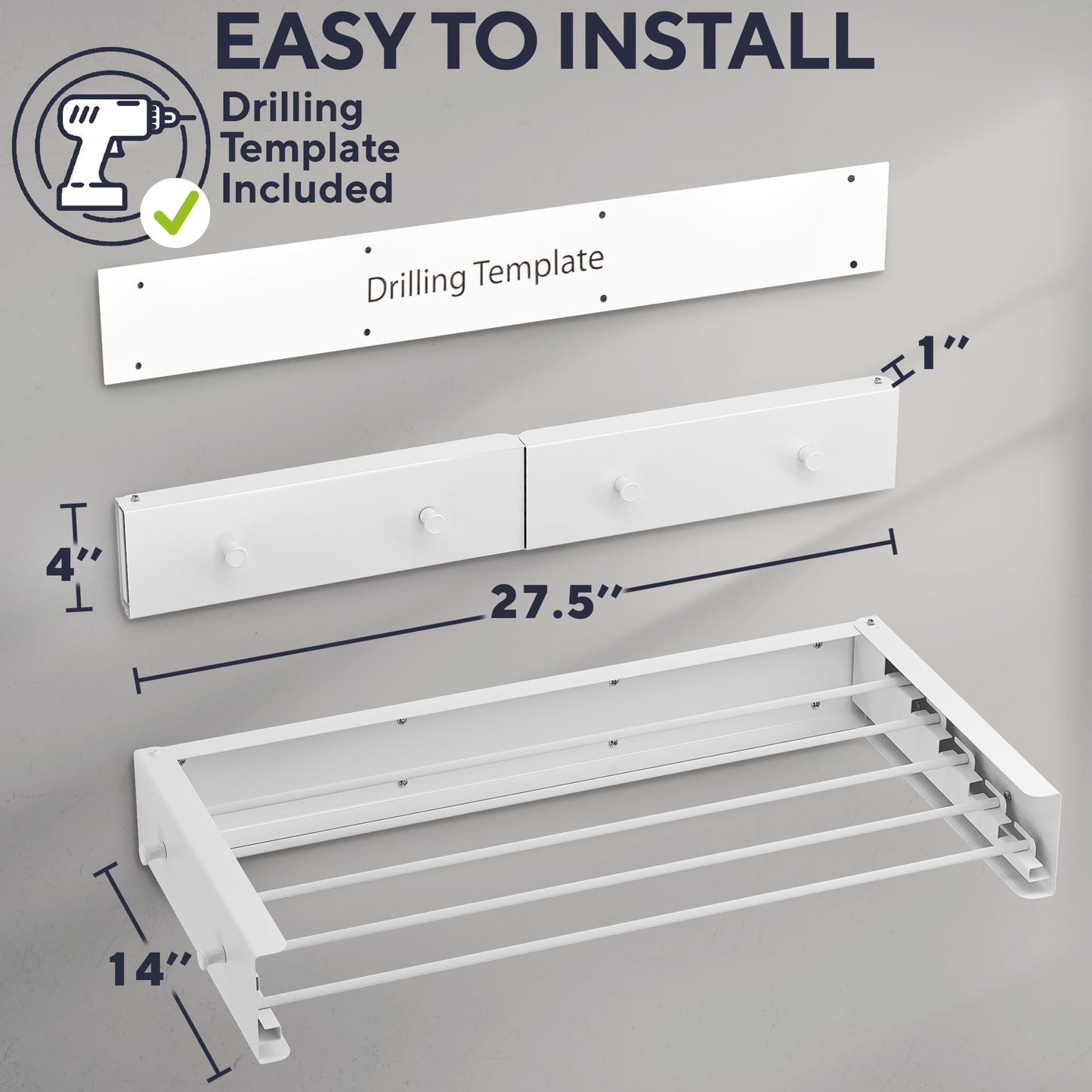 Sturdy Wall Mounted Drying Rack 28” – Foldable Space-Saving Design – Heavy-Duty Wall Hanging Clothes Drying Rack, 55-lb Capacity – Easy Installation with Wall Template – Ideal for Clothes, Towels & More