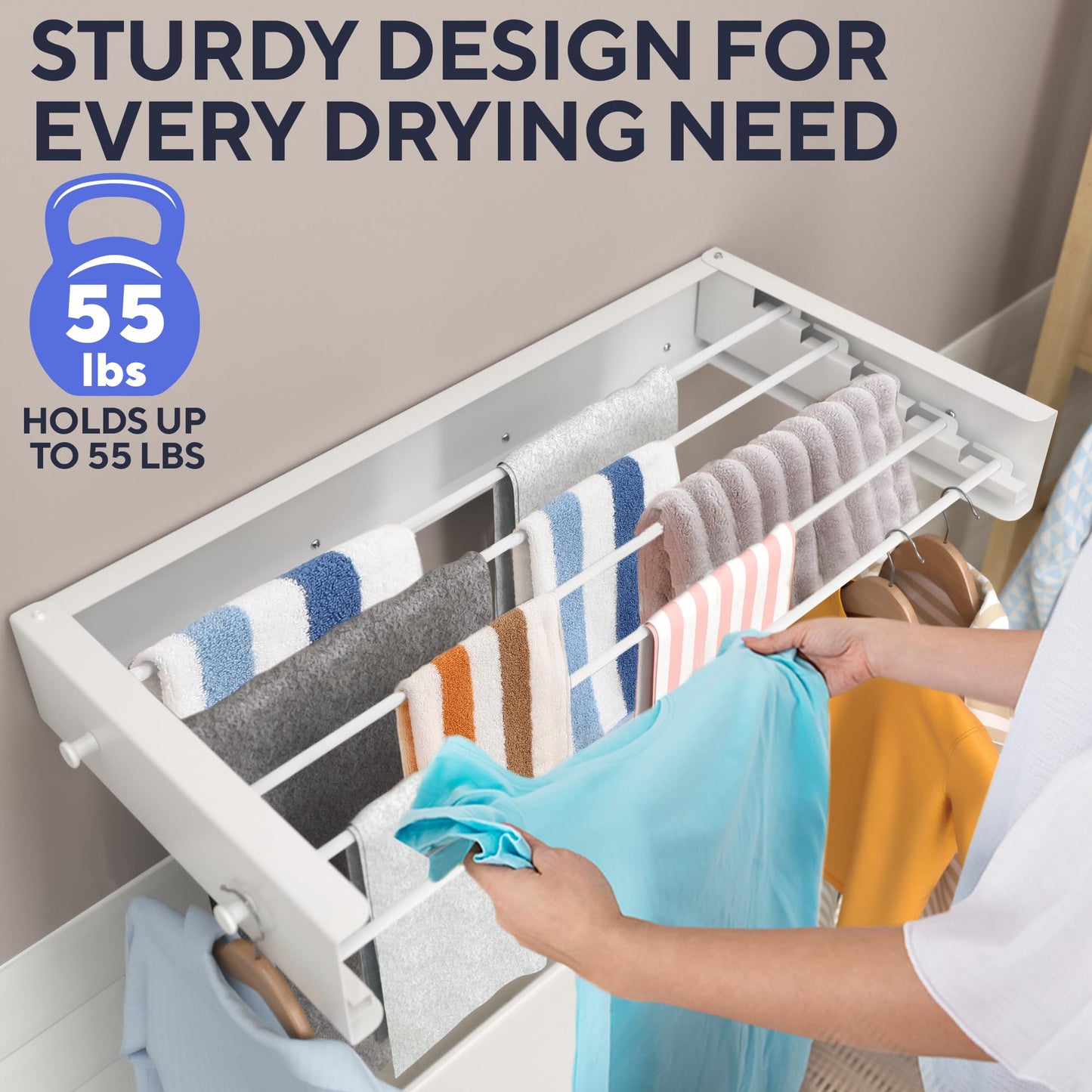 Sturdy Wall Mounted Drying Rack 28” – Foldable Space-Saving Design – Heavy-Duty Wall Hanging Clothes Drying Rack, 55-lb Capacity – Easy Installation with Wall Template – Ideal for Clothes, Towels & More