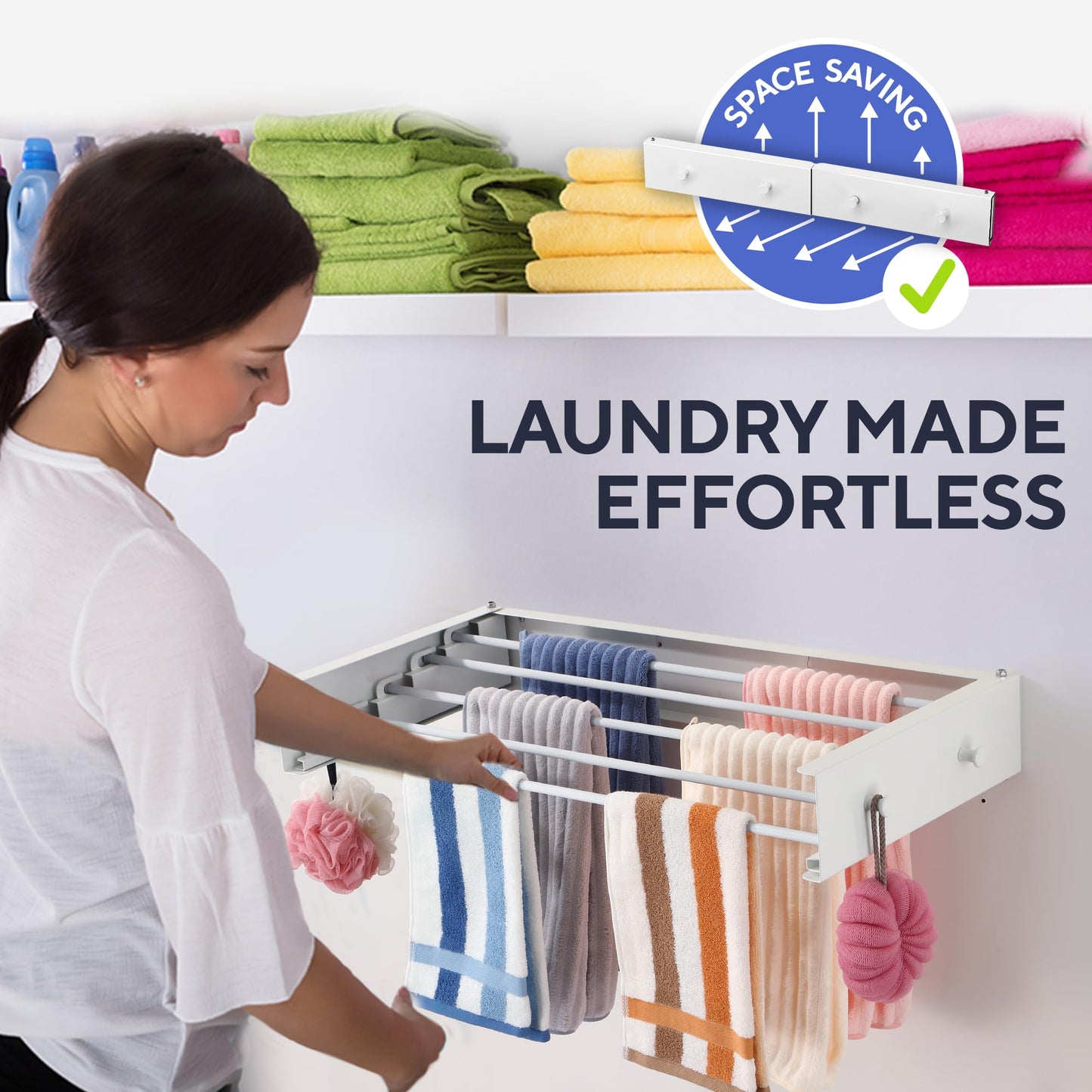 Sturdy Wall Mounted Drying Rack 28” – Foldable Space-Saving Design – Heavy-Duty Wall Hanging Clothes Drying Rack, 55-lb Capacity – Easy Installation with Wall Template – Ideal for Clothes, Towels & More