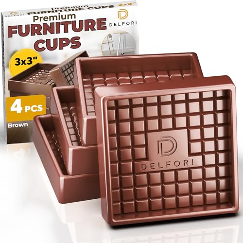 Non Slip Furniture Pads - 4pcs Furniture Cups - Coasters to Prevent Sliding for Couch, Bed, Chair- 3x3 Anti Skid Furniture Stoppers for Hardwood, Tile Floors - Fit Any Feet Shape (Brown)