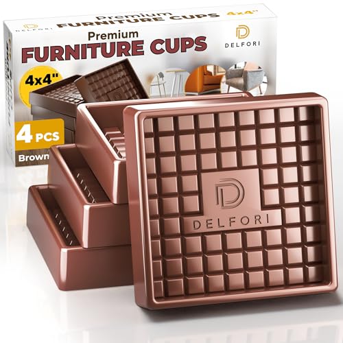 Non Slip Furniture Pads - 4pcs Furniture Cups - Coasters to Prevent Sliding for Couch, Bed, Chair- 4x4 Anti Skid Furniture Stoppers for Hardwood, Tile Floors - Fit Any Feet Shape (Brown)