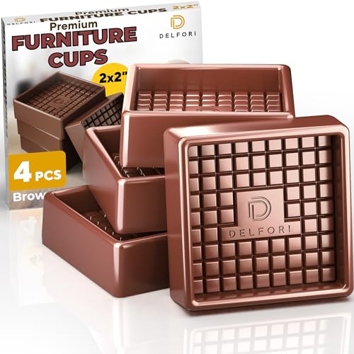 Non Slip Furniture Pads - 4pcs Furniture Cups - Coasters to Prevent Sliding for Couch, Bed, Chair- 2x2 Anti Skid Furniture Stoppers for Hardwood, Tile Floors - Fit Any Feet Shape (Brown)
