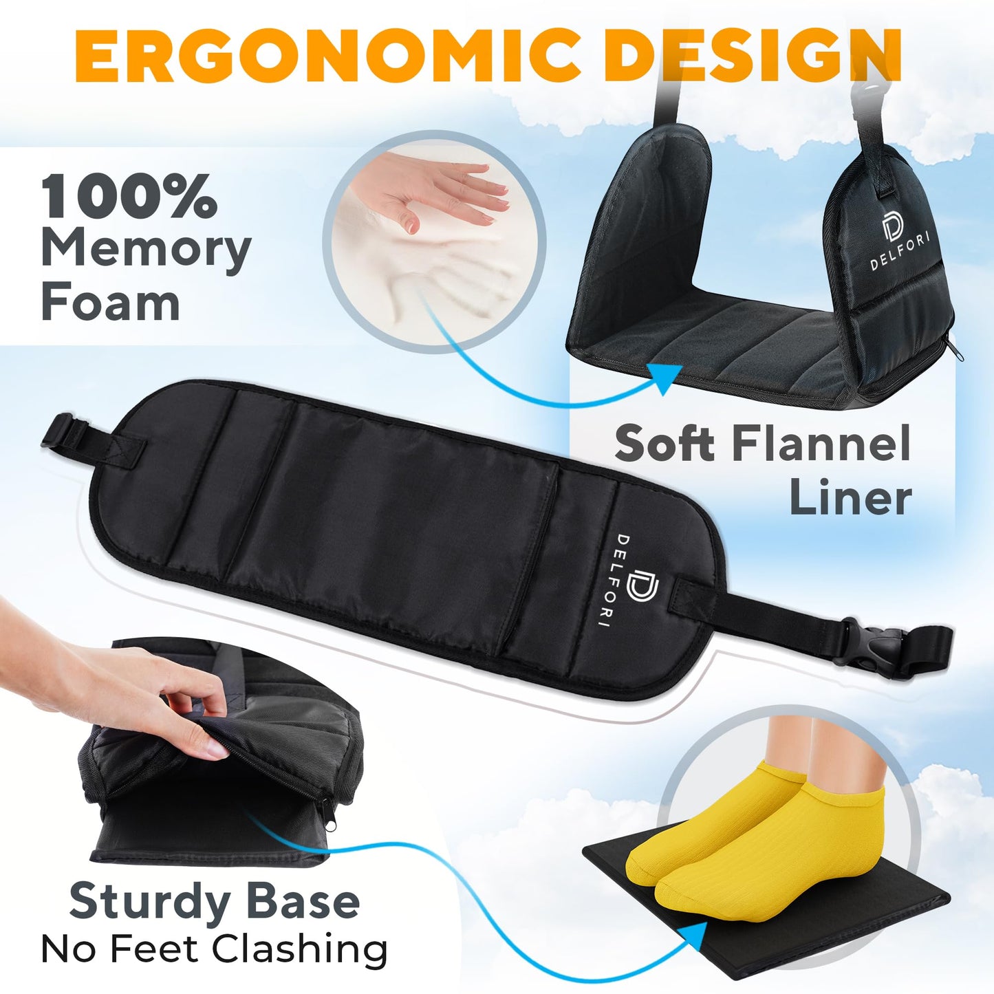 Portable Airplane Footrest for Airplane Travel - Comfortable Foot Hammock w/Memory Foam & Hardboard for No Feet Clashing - Ideal for Pain and Swelling Relief - Travel Essentials to Relax Your Feet