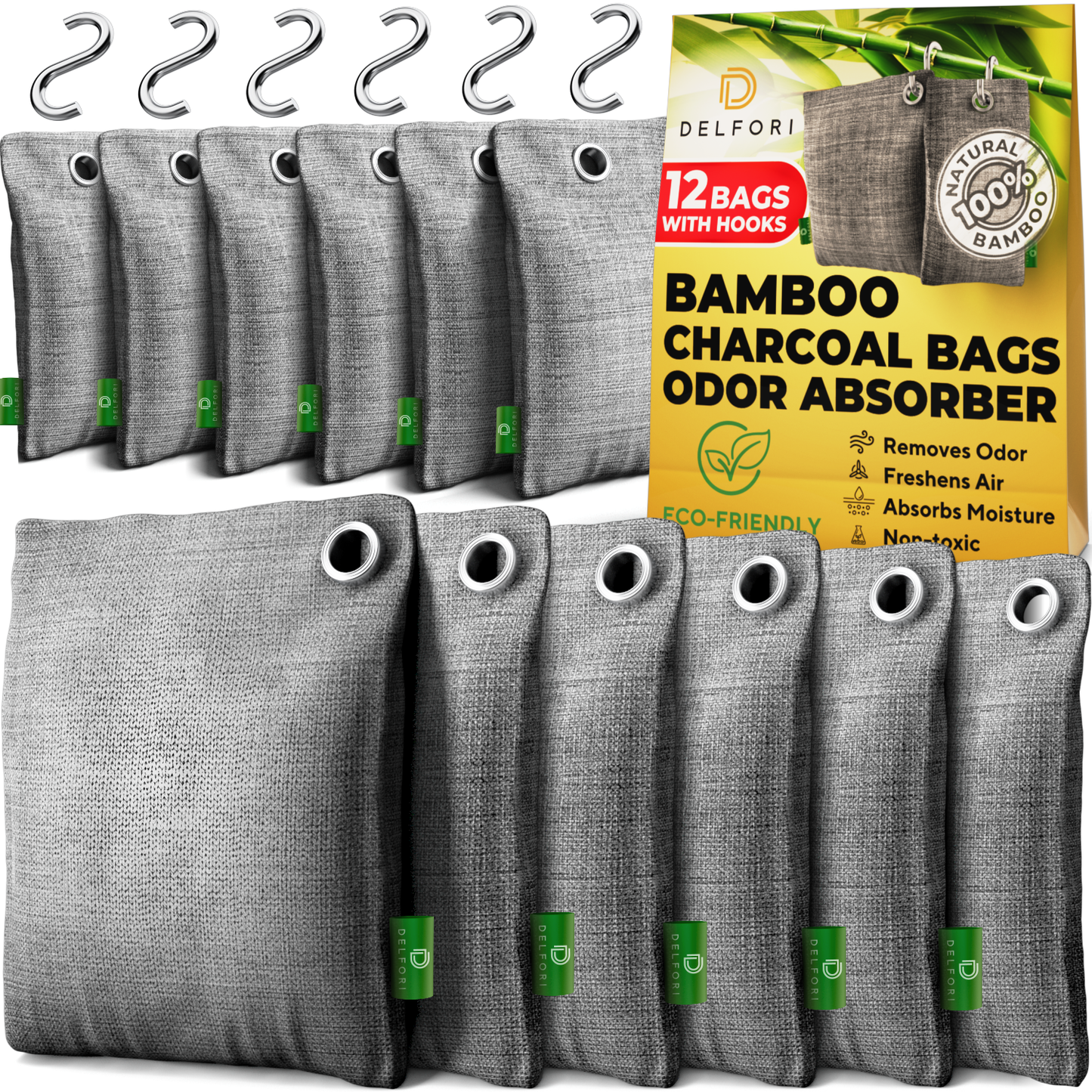 12-Pack Activated Charcoal Odor Absorber - Natural Charcoal Bags Odor Absorber for Fresh Home, Closet, Shoes, Car - Premium Bamboo Charcoal Air Purifying Bag - Effectively Removes Musty Smell & Odors